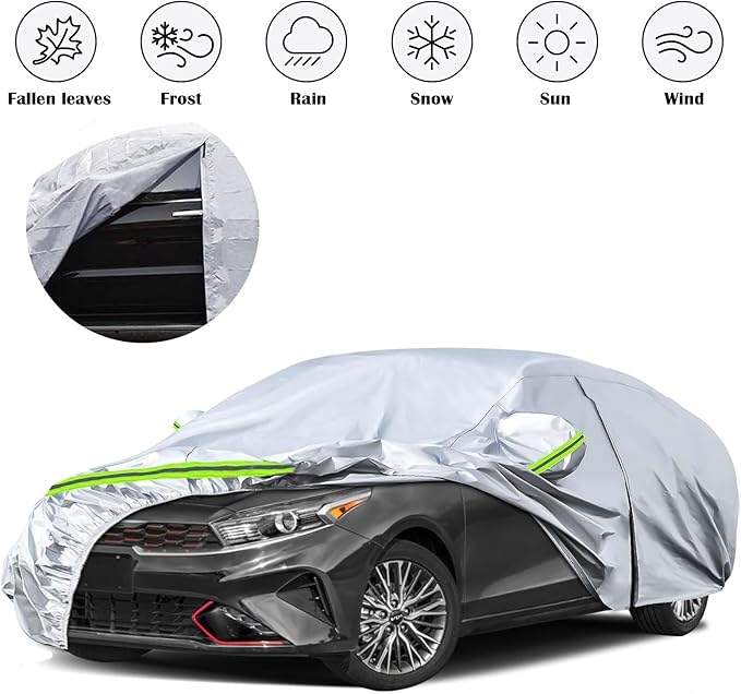 Waterproof Car Covers Replace for 2009-2025 Kia Forte/K3, 6 Layers Silver All Weather Custom-fit Car Cover with Zipper Door & Windproof Bands for Snow Rain Dust Hail Protection