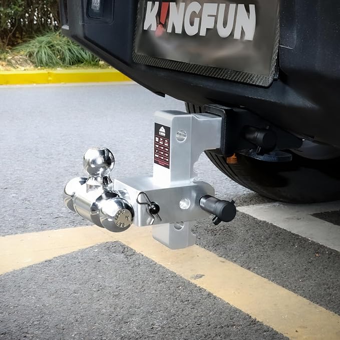 Kingfun Adjustable Trailer Hitch - Fits 2 Inch Receiver, Tri-Ball (1-7/8" X 2" X 2-5/16") 6-Inch Rise/Drop Hitch, 12500 Lbs Gtw Heavy Duty Aluminum Truck Tow Hitch with Anti-Theft Pin (Silver)