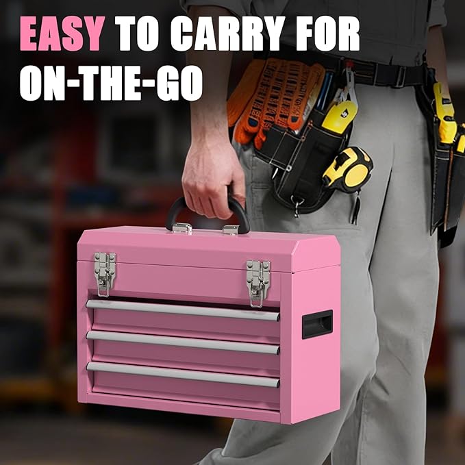 3-Drawer Tool Box, Tool Storage Cabinet, Tool Chest and Locking Mechanism, Metal Tool Cart for Garage Workshop and Room Use (Pink)