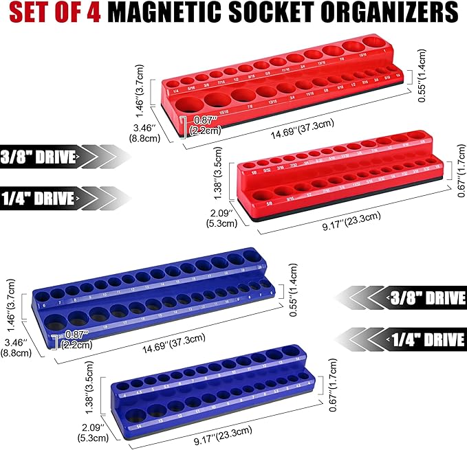 Magnetic Socket Organizer Holder 4-Piece (1/4 In, 3/8 In Drive Metric SAE) Magnet Socket Rail Trays Storage Set Holds 108 Sockets for Tool Box Drawer