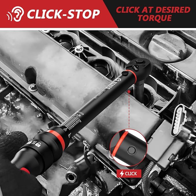 VANPO Torque Wrench 3/8-Inch Drive 10-100 Ft-Lb/13.6-135.5Nm Click Type for Motorcycle, Car & Small Machinery Maintenance - TPR+ABS Handle, ±3% Precision, 72-Tooth Ratchet,with Portable Case