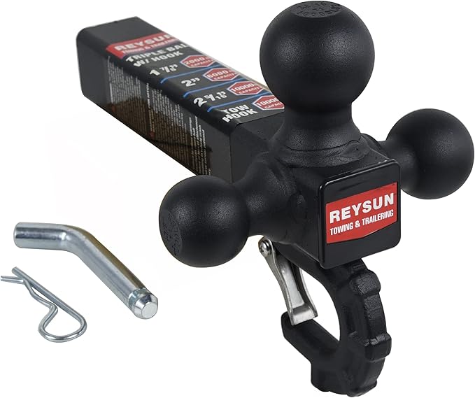 Patented Forged Trailer Hitch Tri-Ball Hitch with Hook: 3 Sizes in 1 Tow Ball Hitch, Fits 2-inch Hitch Receiver, Secure Locking Mechanism, Matt Black