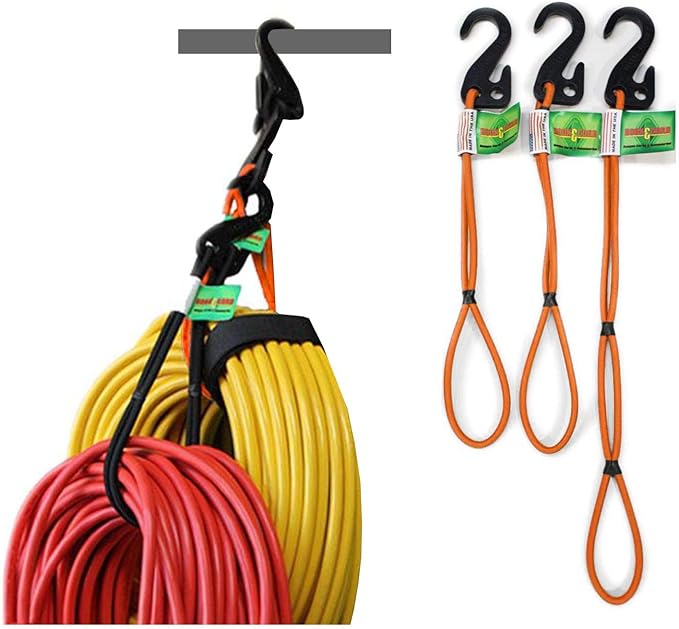 Hook & Hang Bungee Cords - Storage & Organization Cords - Hang Hoses, Cords, Ladders, Bikes, Tools & More. an Incredible Organizer! (3 PK, Orange)