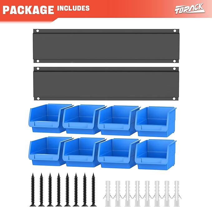 TORACK Wall-Mounted Storage Bins - 8 Plastic Bins & 2 Metal Tracks for Tools Organization in Garage, Craft Room, and Shop(Blue)