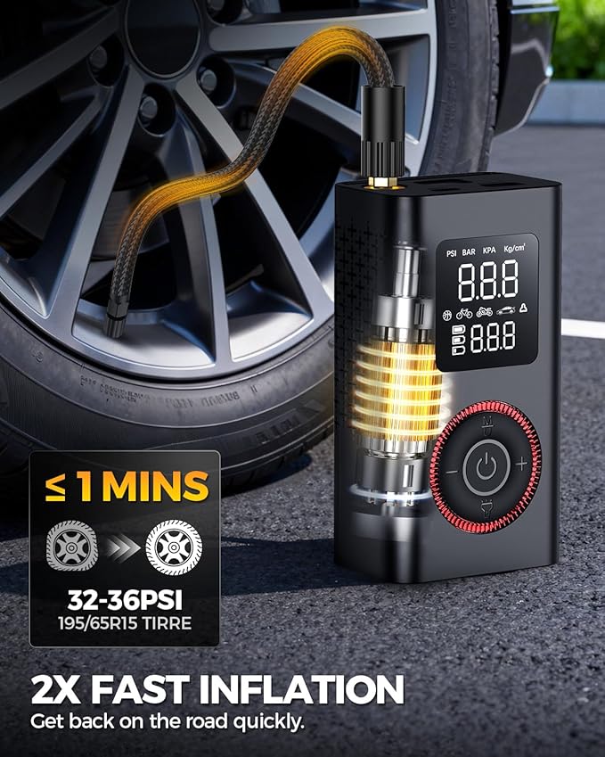 Tire Inflator Portable Air Compressor with Type-C Charging, Digital Pressure Gauge, LED Light, Smart Air Pump for Car, Motorcycle, Bike, Ball