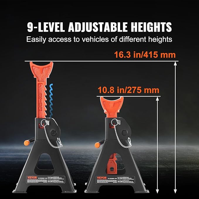 VEVOR Jack Stands, 3 Ton (6,000 lbs) Capacity Car Jack Stands Double Locking, 10.8-16.3 inch Adjustable Height, for Lifting SUV, Pickup Truck, Car and UTV/ATV, Red, 1 Pair