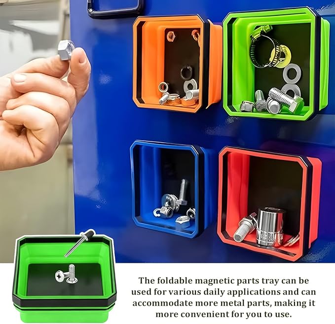 Collapsible Magnetic Car Parts Tray, Foldable Silicone Tool Tray with Magnetic Base, Double-Side Magnet Bowl for Auto Bolts, Screws, Nuts, Small Metal Parts, Universal Fit (Green)