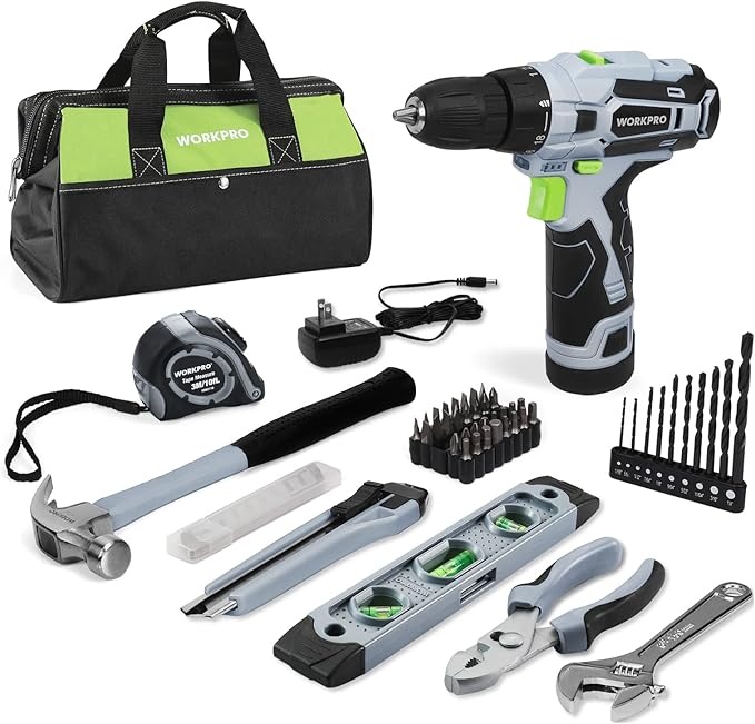 WORKPRO 12V Cordless Drill Driver and Home Tool Kit, Hand Tool Set for DIY, Home Maintenance, 14-inch Storage Bag Included