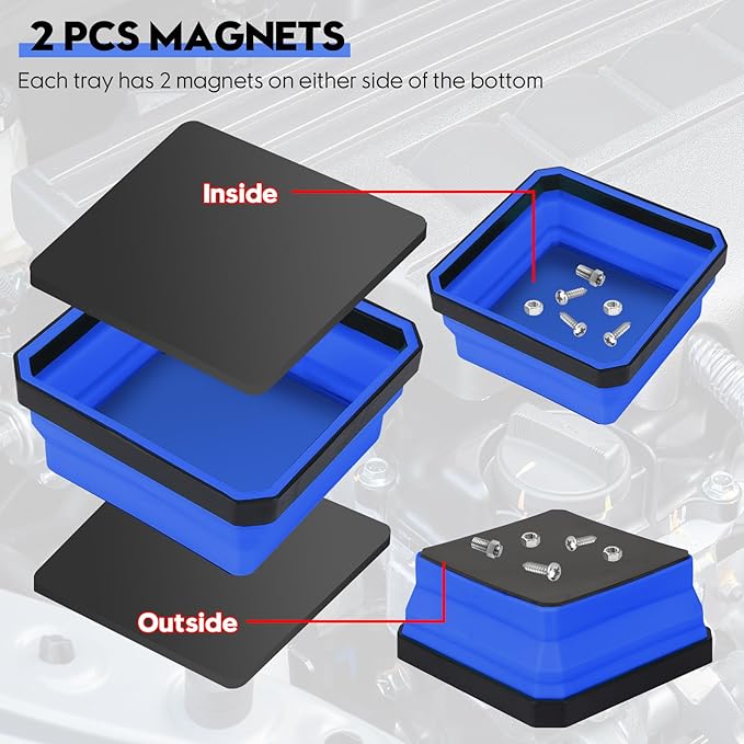 Collapsible Magnetic Parts Tray Set, 4 Pack New Version Magnetic Tool Trays for Screw Bolts Nuts Washers Pins & Small Metal Parts-4.5” Square Silicone Bowls with Double Sided Magnetic Base(Dark Blue)
