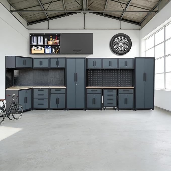 Garage Cabinets and Storage System, 17PCS Garage Storage Cabinet System Corner Workshop Set with Corner Cabinet, Cabinet Drawers, Workbench, Pegboard for Tool Organization, Black Grey