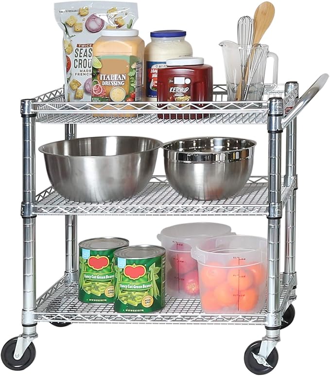 Seville Classics UltraDurable NSF Commercial Heavy Duty Metal Rolling Utility Cart, Handle Bar for Restaurant, Garage, Warehouse, Kitchen, Office, Deep Top Basket (34.8"W x 18.25"D)