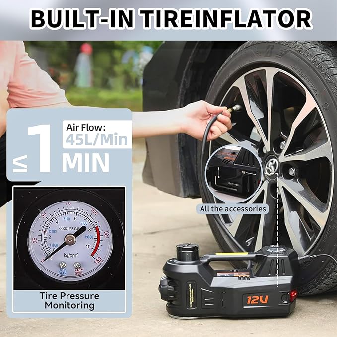 ROGTZ Electric Hydraulic Car Jack Kit 5 Ton 12V Portable Lift Range 17.7 Inch with Tire Inflator Pump for SUV Sedan Truck Car Repair Floor Jack for Vehicle Tire Change with LED Light Jack Only