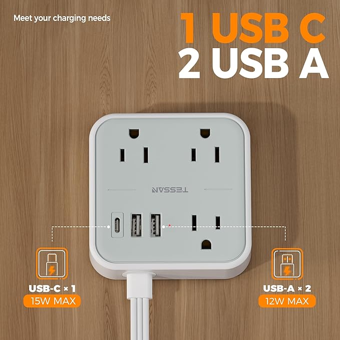 TESSAN Ultra Thin Flat Extension Cord 3 FT, Slim Power Strip with USB Ports (1 USB C), Surge Protector Flat Plug Wall Charger with 3 Outlets for Office, School, Dorm Room Essentials, Grey