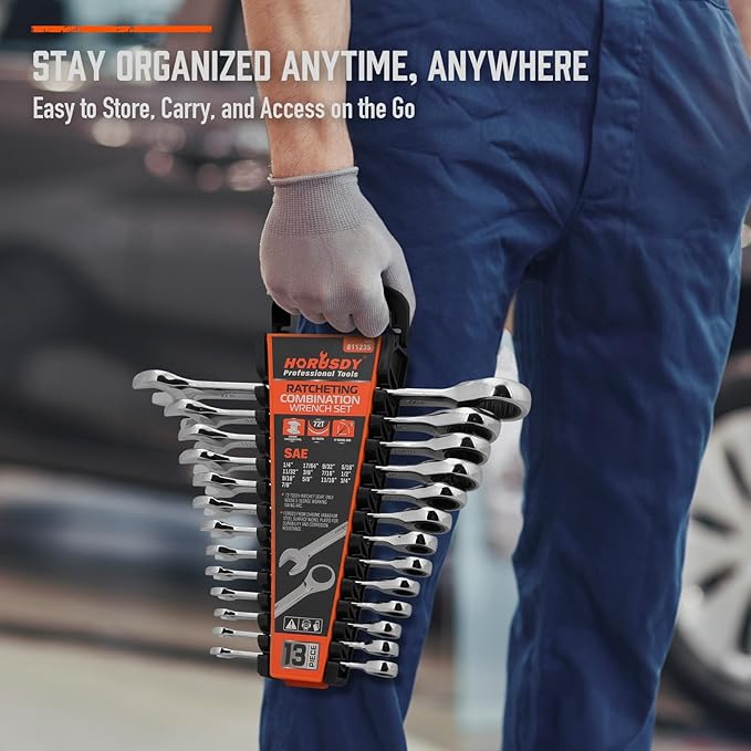 HORUSDY 13-Piece Sturdy Ratcheting Wrench Set | SAE 1/4''–7/8'' | Max Torque Ratchet Combination Wrenches Set with Storage Rack | 72-Tooth | Chrome Vanadium Steel