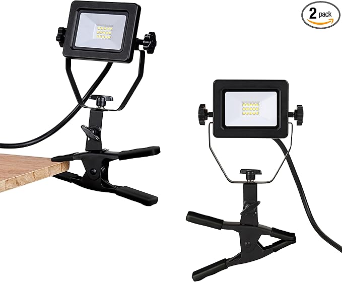 1200 Lumens Portable LED Clamp Work Light with 5ft 120V AC/60Hz Power Plug, Lightweight Design, Suitable for Wet Location, 10 Watts, 5000K Daylight, ETL Certified, 2pack