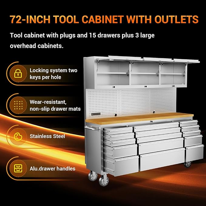 CHETTO C 72-inch Rolling Tool Chest Cabinet Mobile Workbench with 15 Storage Drawers and Wheels 3 Uper Cabinet Outlet SS Pegboard Stainless Steel Tool Box for Garage Warehouse