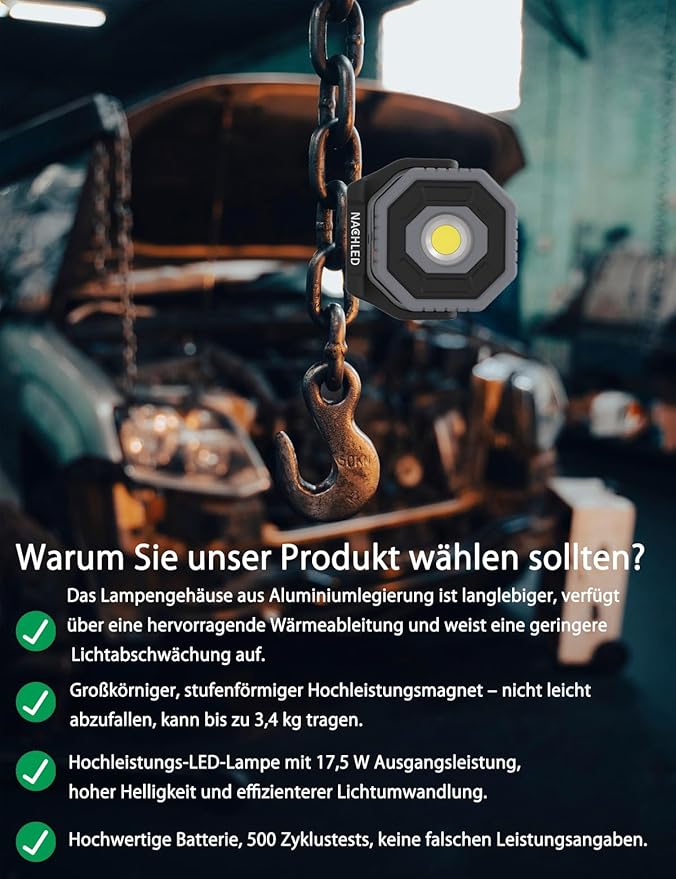 Work Light，800lm Pocket Mechanic Light，Type-C Rechargeable 2600mAh, 360° Rotating Magnetic Stand, IP65,for Car Repair,DIY & Maintenance(Gray)