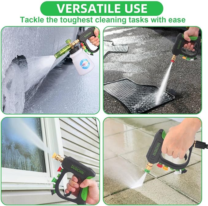 DUSICHIN Short Pressure Washer Gun Car Wash Foam Gun 1/4" Quick Connector, Power Washer Wand Sprayer Foam Green Handle with 3/8" Quick Connect, M22-14 mm and M22-15 mm Fitting,5 Nozzles DUS2701