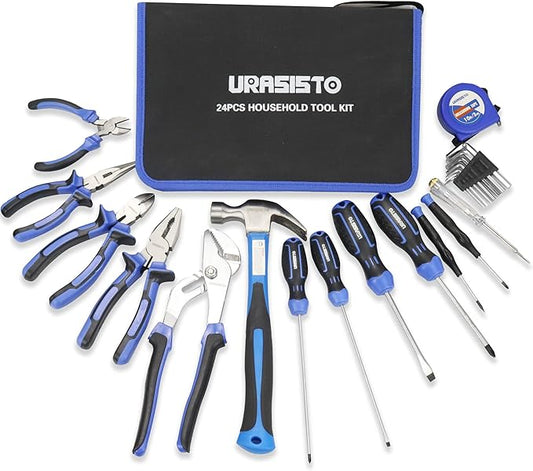 URASISTO 24-Piece Household Tool Kit for Men Repair Hand Tool Set Bag with Hammer, Screwdriver,Pliers, Wrench set with Storage Bag