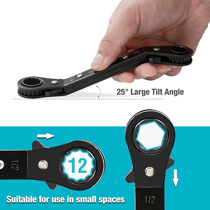 DURATECH 1/2 Inch x9/16 Inch Double Offset Box End Reversible Ratcheting Wrench, SAE, Heavy-duty, Matte Chrome Plated, Ratchet Spanner Crooked for Narrow Spaces