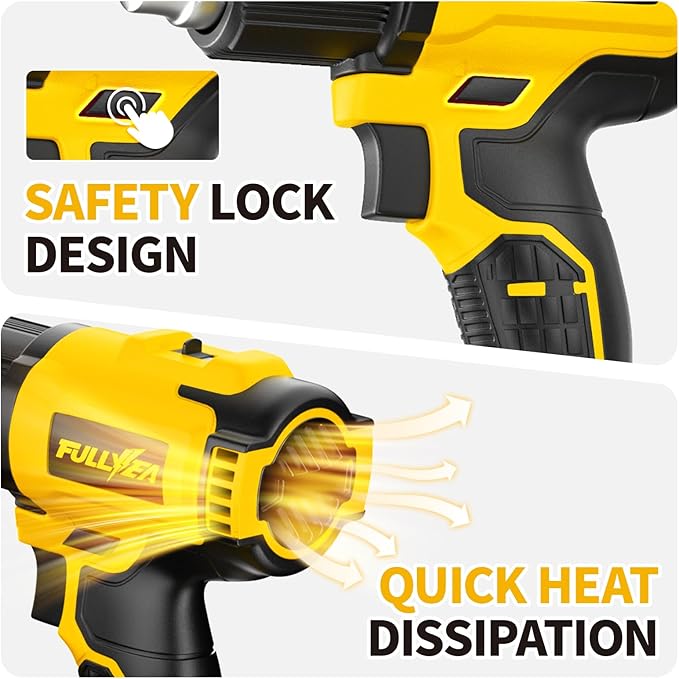 FULLYEA Heat Gun Cordless, 550℃ Fast Heating Gun, 2-Temperature Setting, Portable Hot Air Guns with 2 * 4.0Ah Batteries & 5 Nozzles, Handheld Small Heat Gun Kit for Shrink Tubing, Crafting (Yellow)
