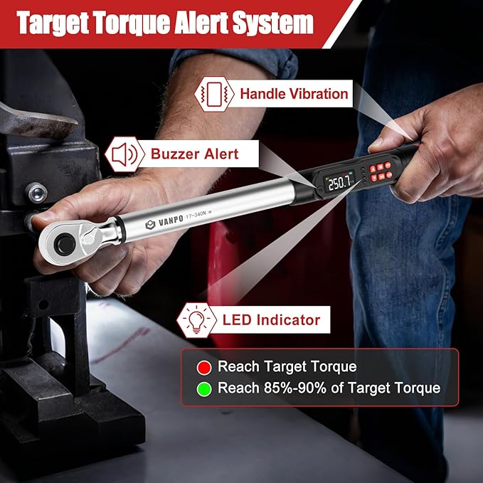 VANPO 1/2-Inch Digital Torque Wrench, 12.5–250.8 ft-lb/17–340 Nm, Precise Electronic Torque Wrench with LCD Display, Audible & Vibration Alert, 4 Units, Peak & Track Mode for Car & Mechanic Repair