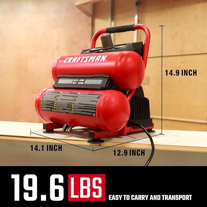 Craftsman 2-Gallon Air Compressor, 1/3 HP Oil-Free Twin Tank, 125 PSI Max – Portable & Quiet Air Tool for Home DIY, Tire Inflation, Nailing & Spray Painting, Compact for Easy Storage