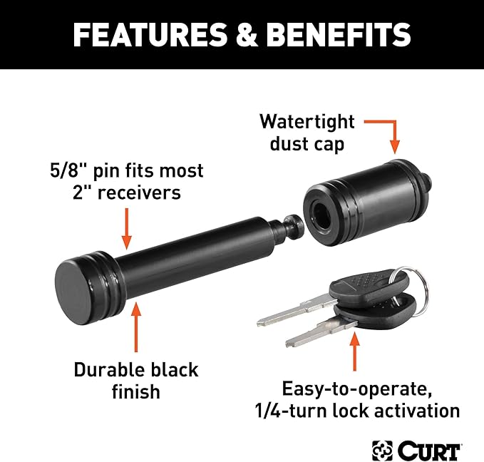 CURT 45900 Adjustable Trailer Hitch Ball Mount, 2-Inch Receiver, 6-Inch Drop, 5-1/4-Inch Rise + 23518 Black Trailer Hitch Lock 5/8-Inch Pin Diameter Fits 2-Inch Receiver