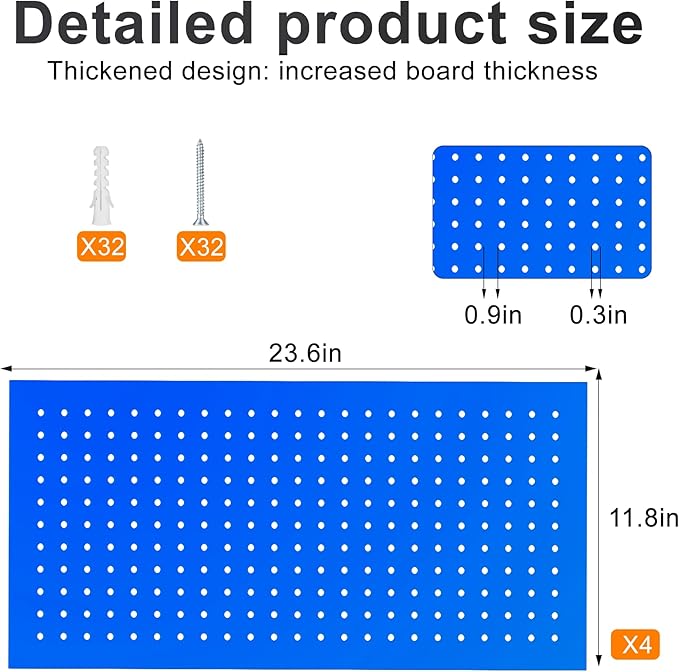 Metal Pegboard Panels 24" x 12" 4 Pack Heavy Duty Steel Pegboard Wall Organizer, Garage Utility Tools Pegboard Storage System for Workbench, Shop, Shed Modular Peg Board Organizer Board Kit (Blue)