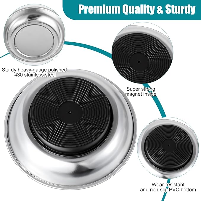 8 Pack 3 Inches 4 Inches Round Magnetic Tray, Stainless Steel Magnetic Bowl, Round Magnetic Parts Tray for Pins, Screws, Bolts, Nuts, Small Parts