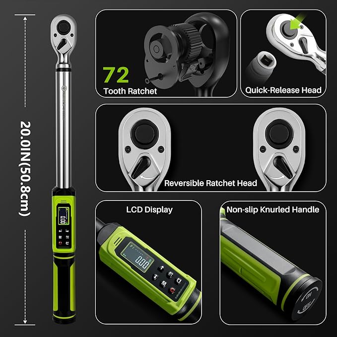 Digital Torque Wrench 1/2" Drive-2.2-147.5Ft.Lb/3-200N.m, Electric Torque Wrench With Dual Direction Vibration Buzzer LED Indicator,±2% Accuracy Five Units for Bike Motorcycle Car Auto Repair