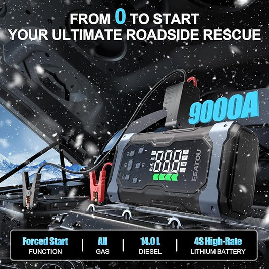 High-Power 9000A Jump Starter with Air Compressor, 12V Car Battery Jump Starter, Portable Jump Box for Car(All Gas/14L Diesel) with Tire Inflator, 30W Fast Charge, Forced Boost, Smart Battery Jumper