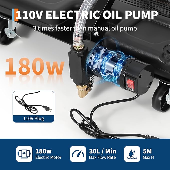 Oil Drain Pan 17 Gallon Oil Drain Tank,64L Low Profile Oil Drain Pan with Electric Pump,Oil Catch Pans for Changing Oil,Foldable Hand, with Hose, Swivel Casters for Car, SUV, Trucks Oil Draining Black