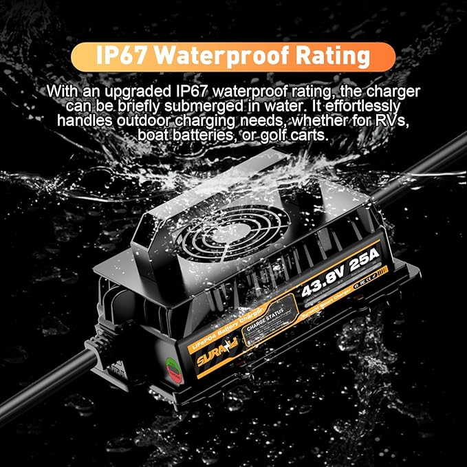Suraziki 36V Lithium Golf Cart Battery Charger -43.8Volt 25AMP Onboard LiFePO4 Charger for 38.4V 12S Marine Solar Batteries,Waterproof Smart Charger with 0V BMS Activate Mode