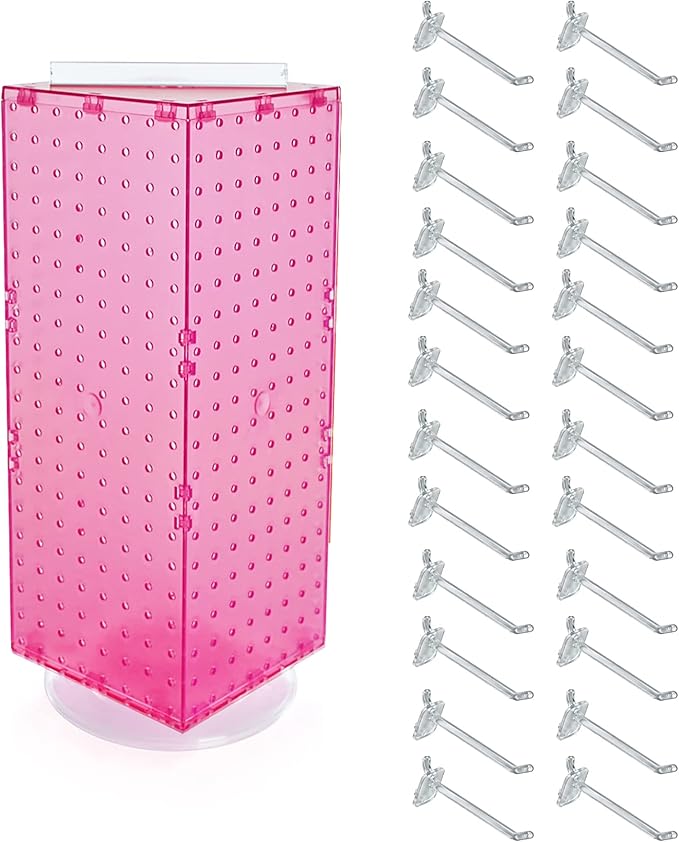 Azar Displays 703385-PNK-4C24, Four-Sided Revolving 8"W x 20"H Pegboard Counter Display w/ 24 Hooks- 4” Length, Pink