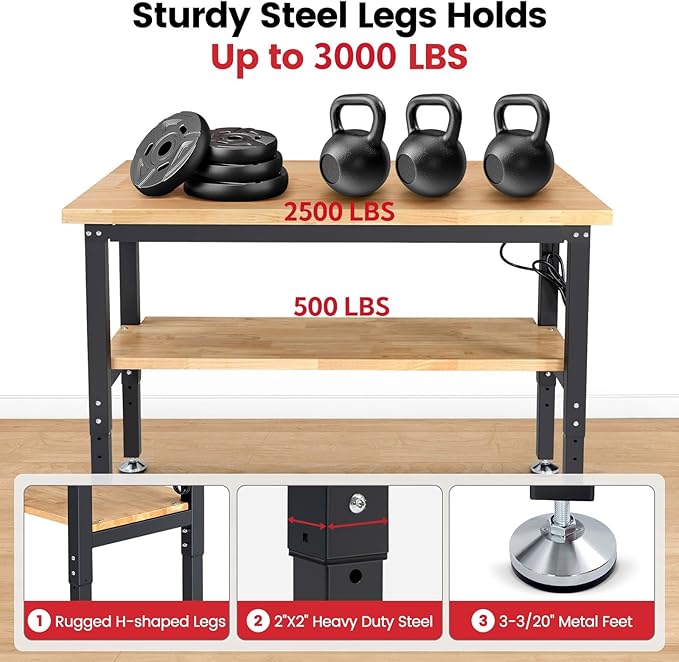ENJOYWOOD 48" x 20" Adjustable Height Workbench with Under Table Shelf Heavy Duty Rubberwood Top Work Table for Garage, Workshop, Office & Home