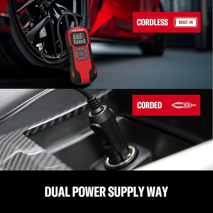 CRAFTSMAN Tire Inflator Portable Air Compressor, Cordless Mini Air Pump for Car Tires with Digital Tire Pressure Gauge, 6000mAh Battery Powered Air Pump, Max Pressure 150 PSI, 12V DC Corded
