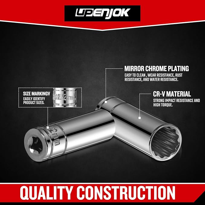 1/4 Inch Drive 12-Point Metric Socket Set, 8-Piece Deep Well Socket Set, CR-V Steel Tool Set, Sizes(6mm, 7mm, 8mm, 9mm, 10mm, 11mm, 12mm, 13mm)