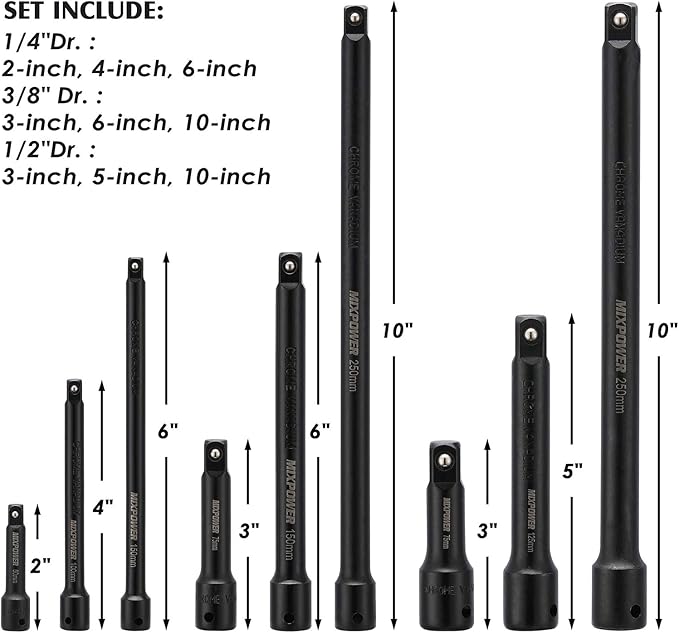 MIXPOWER 9-Piece Extension Bar Set, 1/4", 3/8" and 1/2" Drive Socket Extension, Premium Chrome Vanadium Steel with Black Phosphate Finish, Engineered for Impact Drivers