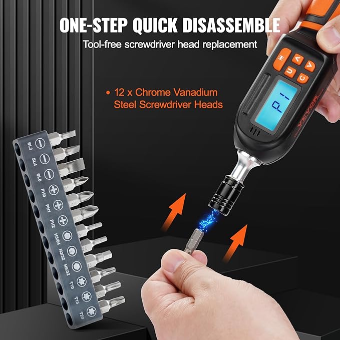 VEVOR Digital Torque Screwdriver, 1/4" Drive Screwdriver Torque Wrench, Electrician Torque Screwdriver with LCD, 2.65-70.67 in-lbs Torque Range, 0.01 N.m Increment Torque Screwdriver with Bits & Case
