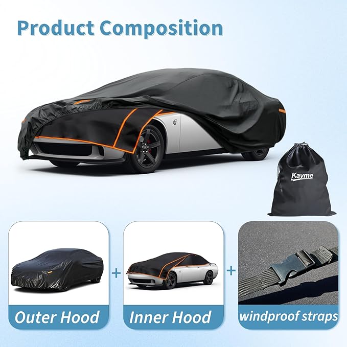 Kayme Hail Protector Car Cover, Anti Hail Multilayer Thickened Full Car Cover,Outdoor Waterproof All Weather Custom Fit Dodge Challenger, Pontiac Firebird, Ford Thunderbird etc