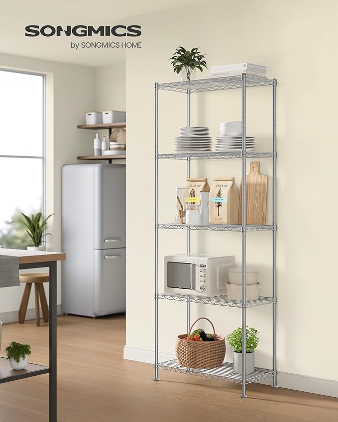 SONGMICS Storage Shelf, Metal Wire Shelving Unit, Adjustable Shelves, for Garage, Bedroom, Living Room, Kitchen, Pantry, 5 Tier, 11.8 x 23.6 x 63.4 Inches, Silver Color ULGR165EA01S