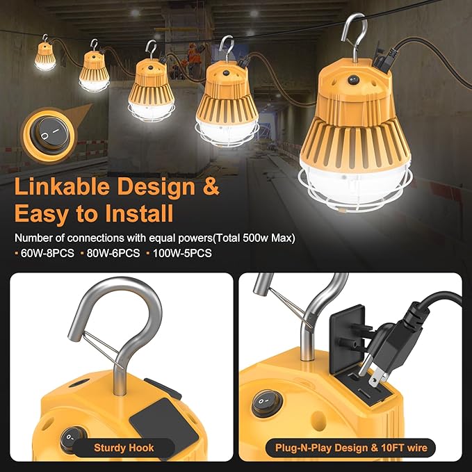 LED Temporary Work Light 60W, 7800LM 5000K Portable Hanging Construction Light with 10ft Cable Plug and Sturdy Hooks Linkable LED Work Light for Job Site Lighting, Workshop, Garage ETL Listed