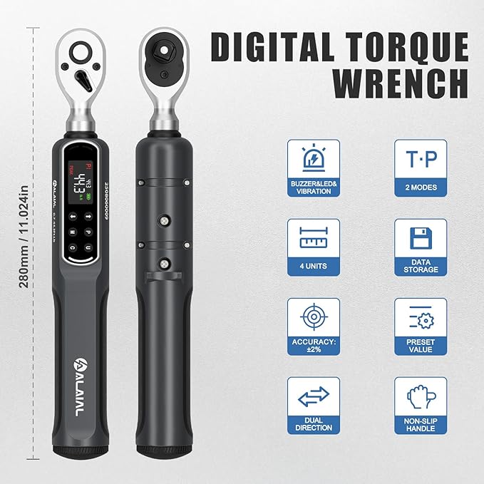3/8 Drive Digital Torque Wrench, 0.7-44.3 Ft.Lb/1-60 Nm Dual Direction Rachet Wrench with Vibration, Buzzer and LED Alert, Electronic Torque Wrench for Bike Motorcycle Car Repair