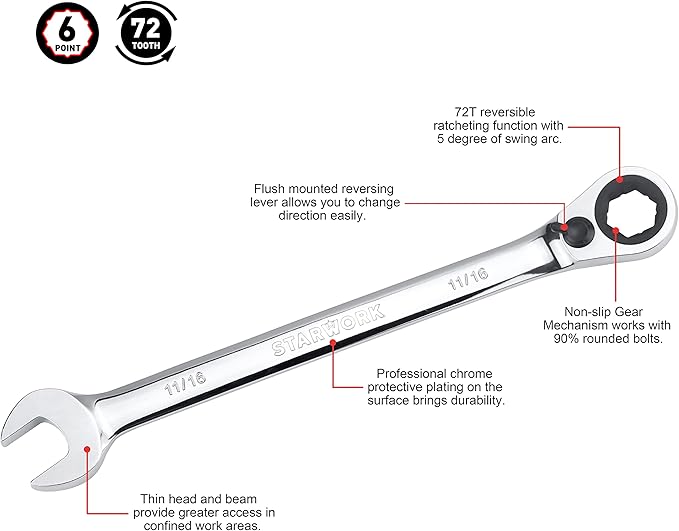 STARWORK TRUE MECHANIC™ 20 Pc. Reversible Ratcheting Wrench Set, Combination Ratchet Wrench Set, Non-Slip, Long Pattern, 6-Point 15° Offset, Professional, SAE/Metric (5/16-3/4" & 8-19 mm)