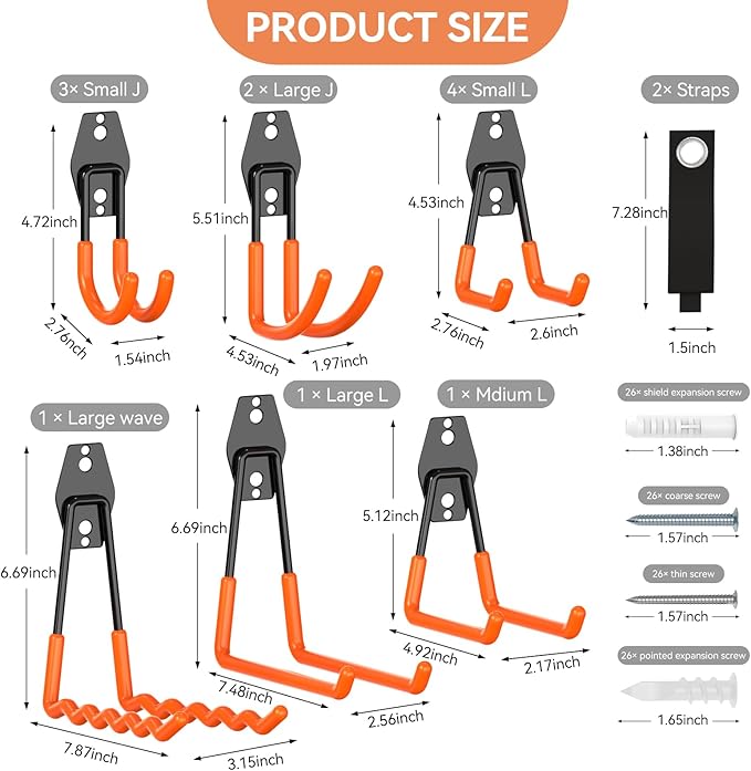 Garage Hooks Heavy Duty, 14 Pack Utility Steel Garage Storage Hook with Straps, Wall Mount Tool Organizer Hooks for Hanging Bike, Ladder and Garden Tools