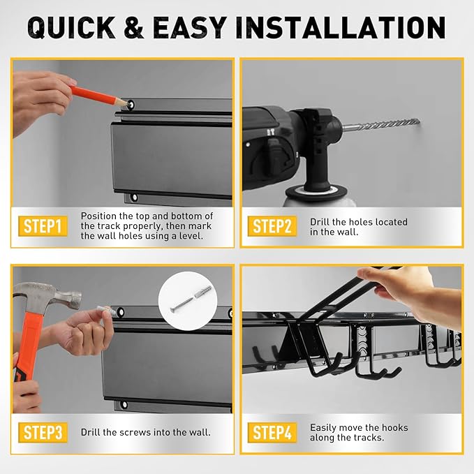 ELEAD 9-Pairs Heavy Duty Garage Tool Organizer Wall Mount Hooks, 48 Inches 730 lbs Garden Tool Organizer with Adjustable Hooks, Yard Tools Organizers for Garden, Yard, and Shed