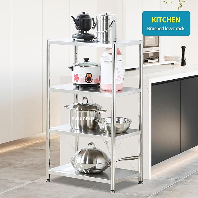 susunnus 4-Tier Stainless Steel Shelf, Heavy Duty Shelving for Kitchen, Garage, Industrial Storage, Kitchen Shelves Adjustable Feet, Easy to Clean(24.8in*15,8in Without Guardrails)