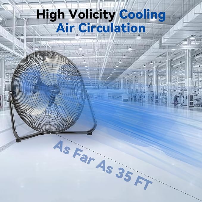 20" High Velocity Floor Fan, 5300 CFM Heavy Duty Industrial Floor Fan, 3 Speed, 360 Degree Tilt, Quiet Operation for Warehouse, Basement, Factory, Barn, Garage - UL Safety Listed