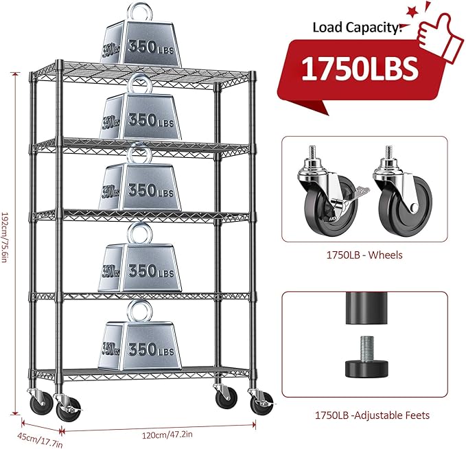 IZEUK 5-Tier Adjustable Heavy Duty Steel Wire Shelving Unit with Wheels, Storage Rack Organizer for Garage, Kitchen, Office, Laundry, Basement (Black, 17.7" D x 47.2" W x 76.7" H, 1750 lbs Capacity)